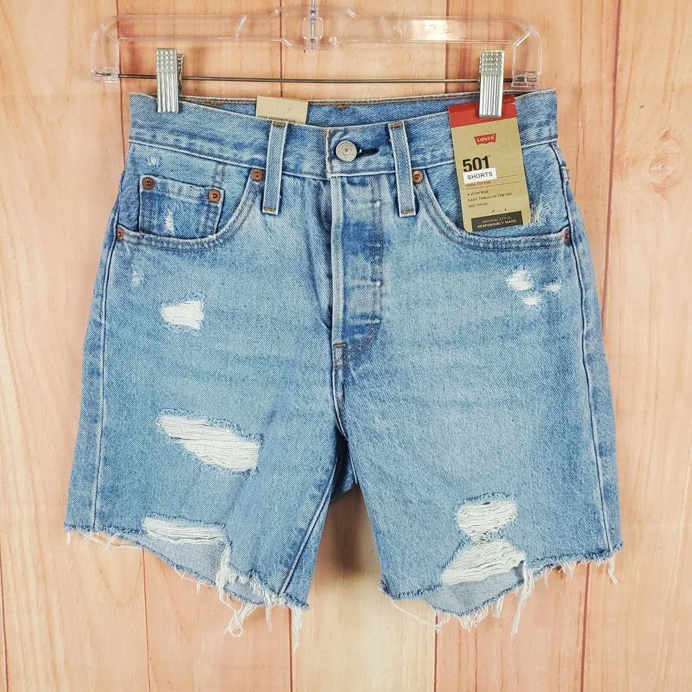 Levi's 501‎ Womens Bermuda Shorts 24 Blue Medium Wash Denim Cotton Distressed